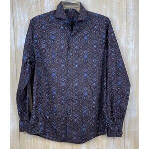 Tasso Elba Geometric Pattern Mens Shirt Small Red Blue Hippie Cutaway Collar